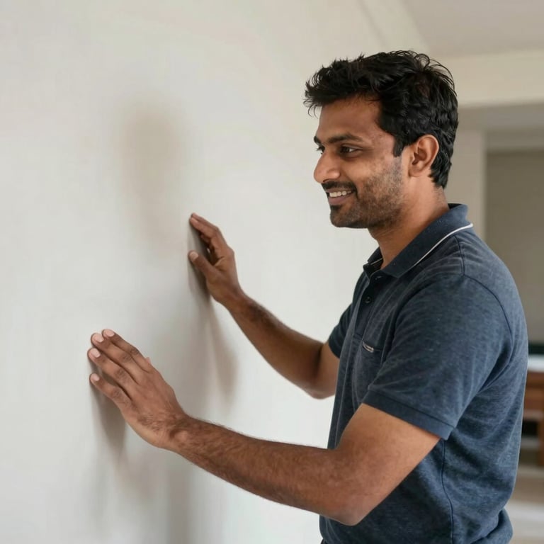 A professional South Asian / Indian contractor smiling while gesturing toward a smooth, finished wall in a luxury apartment.