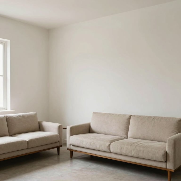 A bright, minimalist South Asian / Indian living room with walls painted in a soft off-white over a perfect putty base.