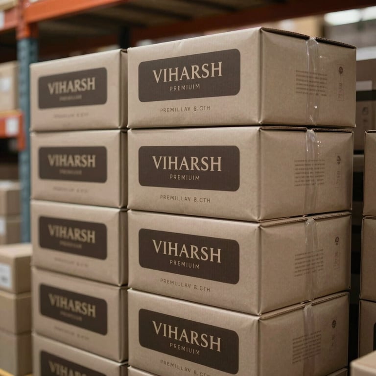 A stacked display of VIHARSH premium packaging in a clean warehouse with muted taupe and dark charcoal brown branding visible.