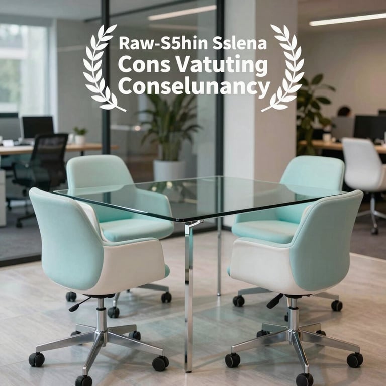 A stylish, modern workplace featuring a glass desk and pale aqua white chairs, representing a fresh consulting environment.