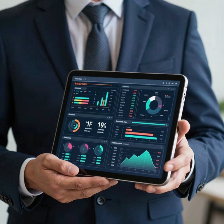 A close-up of a tablet displaying complex data visualizations, held by a consultant in a sharp dark navy blue suit.