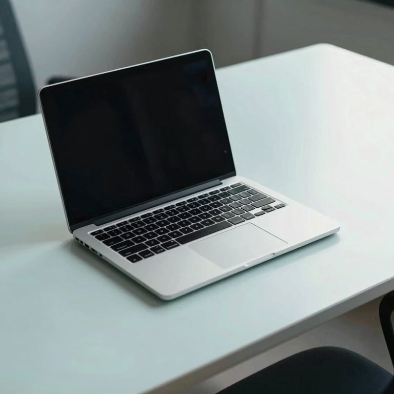 A clean, minimalist workspace with a single high-tech laptop on a pale aqua white surface, symbolizing modern simplicity and focus.