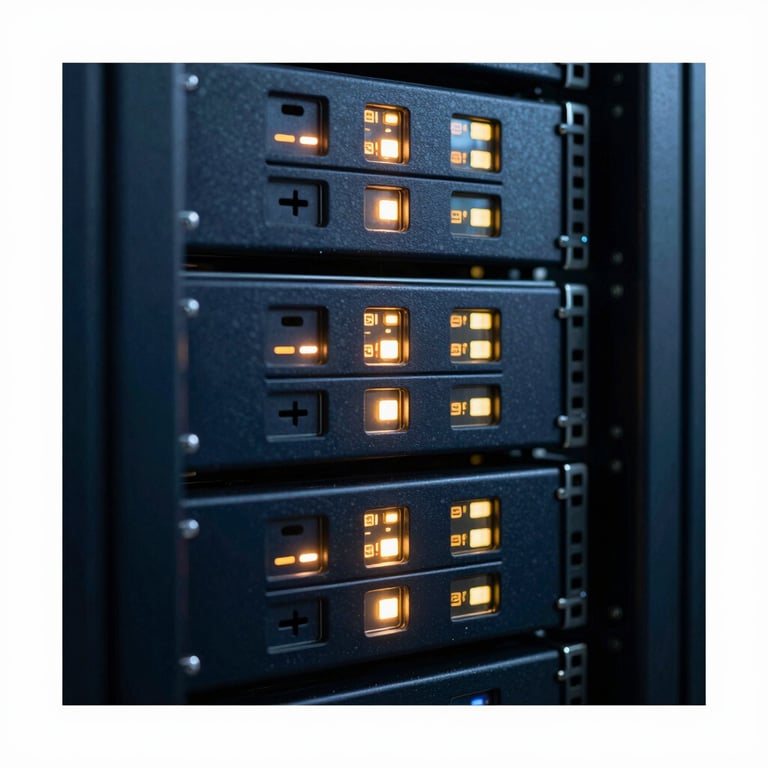 A macro shot of glowing server indicators in a dark navy blue data center, reflecting professional technological precision.