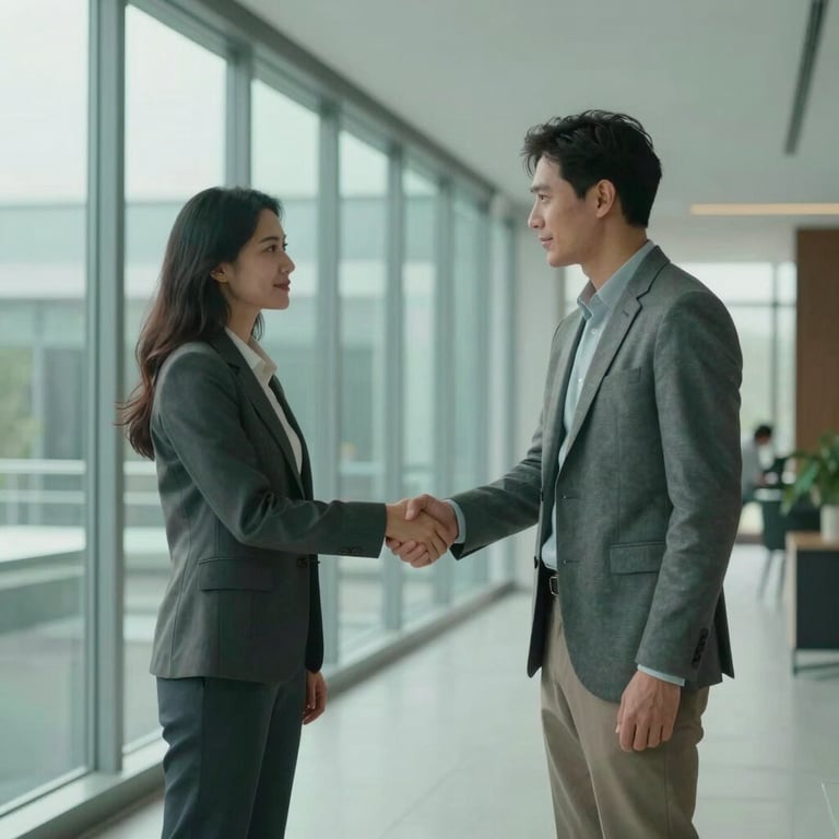 Two professionals in business casual attire shaking hands in a brightly lit glass-walled hallway, with muted teal green decor.