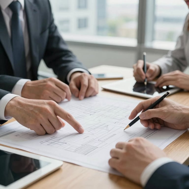 Close-up of an active corporate strategy session with hands pointing at blueprints and tablets on a wooden table, bright natural daylight, soft focus on background office architecture.