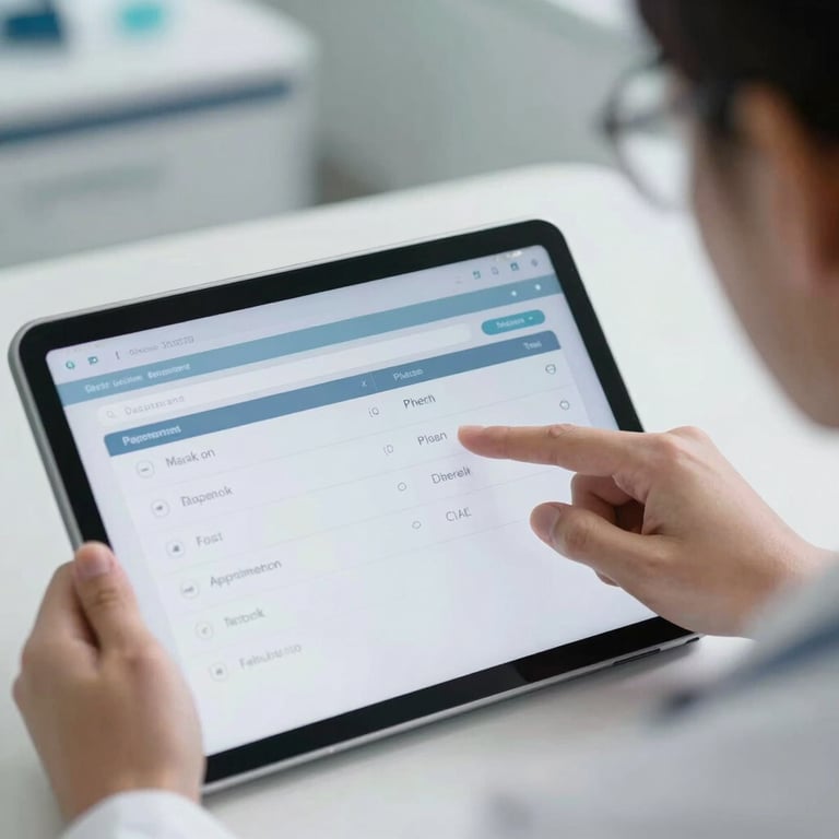 A close-up of a doctor's hand interacting with a high-tech appointment scheduling software on a tablet in a well-lit medical setting.
