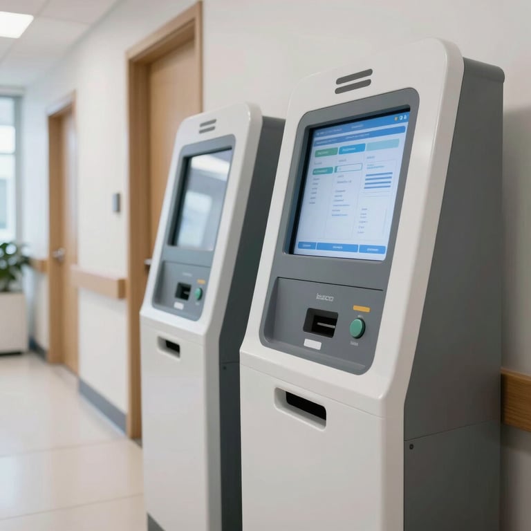 A high-quality photo of a patient check-in kiosk in a bright, modern US clinic hallway, reflecting ease of access and cutting-edge technology.