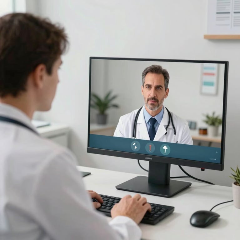 A medical professional conducting a telemedicine call on a sleek computer monitor in a clean, professional North American office environment.