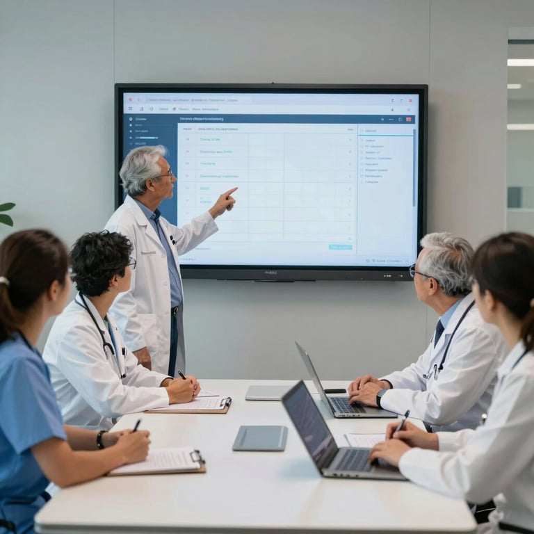 A diverse group of healthcare professionals in a modern North American hospital conference room, reviewing a digital patient health chart on a large wall screen.