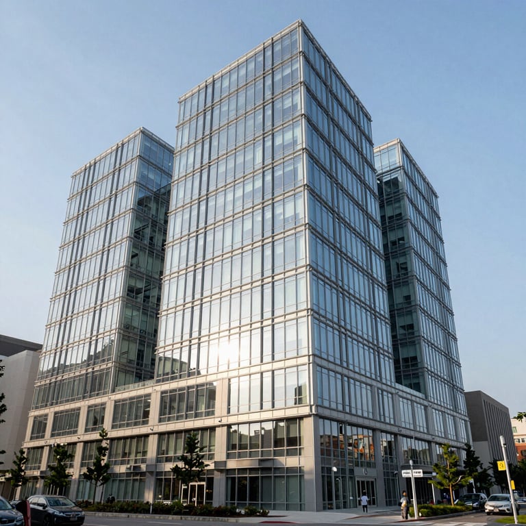 The clean and professional exterior architecture of a modern glass-fronted healthcare facility in a North American urban setting under a clear sky.