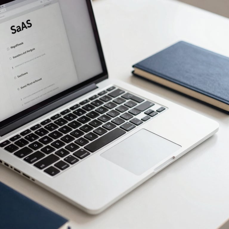 A close-up of a high-end laptop on a white desk with a navy blue notebook, representing a clean SaaS workflow.