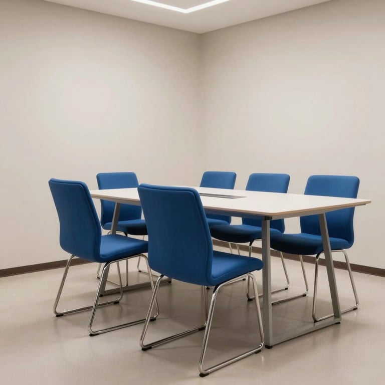 A sharp, professional photograph of a contemporary meeting room with off-white walls and sleek blue chairs.