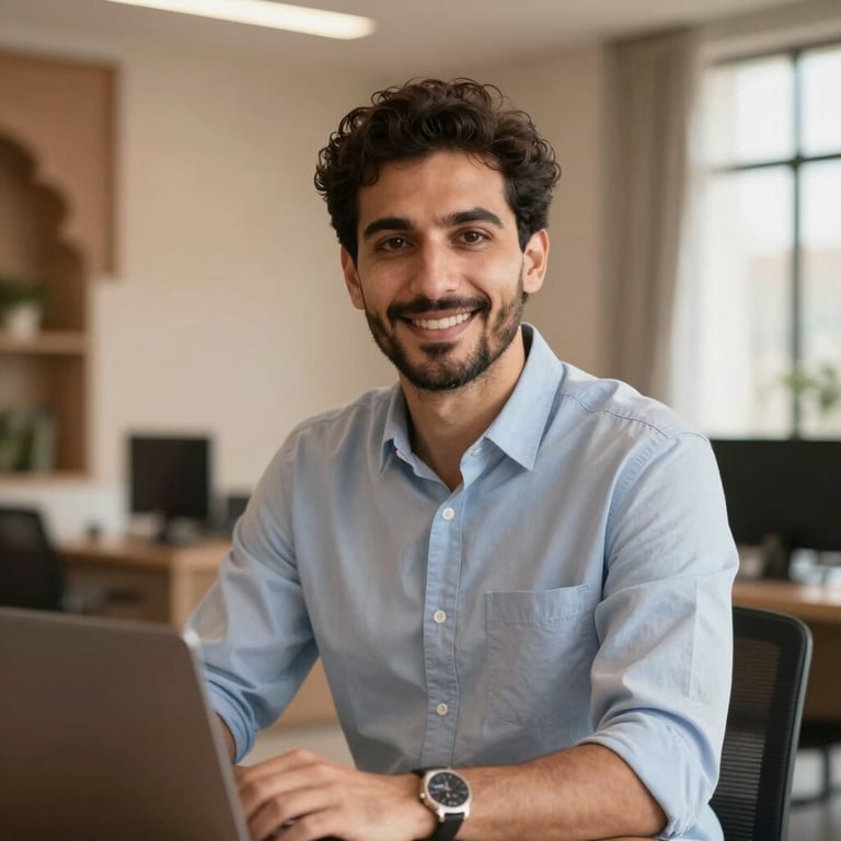 A clean, professional headshot of a business consultant in a modern Moroccan corporate setting with soft natural light.
