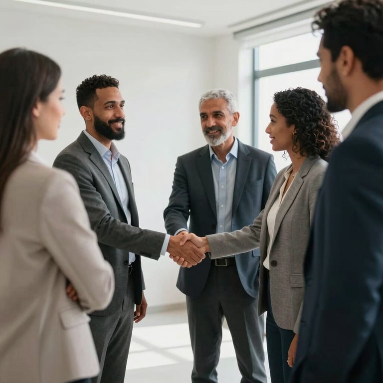 A group of diverse North African business professionals shaking hands in a bright, minimalist office foyer.