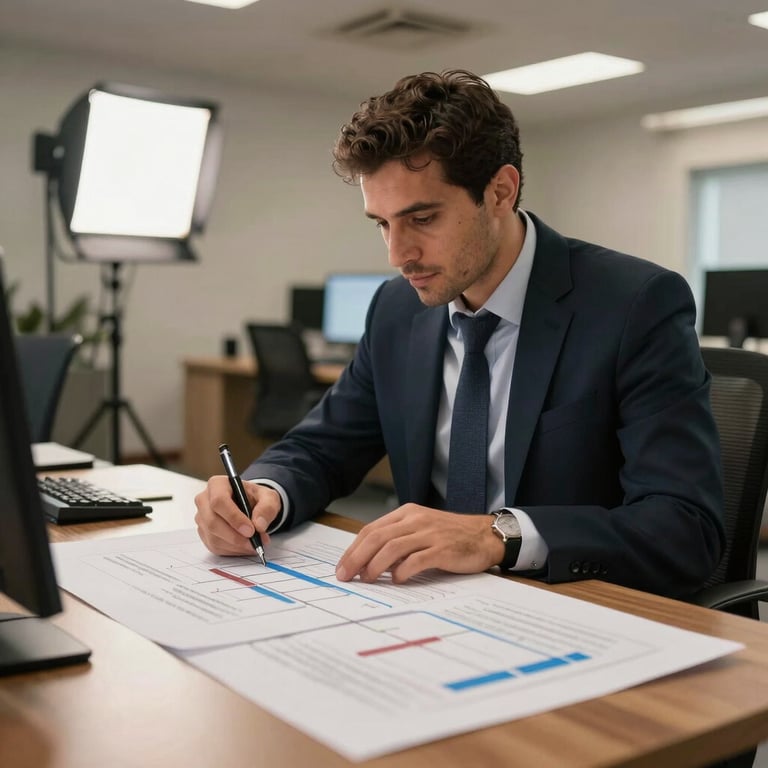 A focused professional working on a strategic sales pipeline in a corporate North African environment with sophisticated lighting.