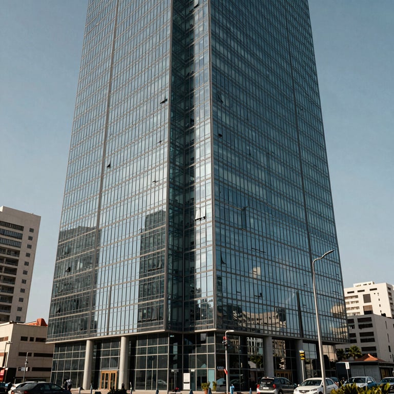 A wide shot of a modern office building in the business district of Casablanca, Morocco, featuring glass architecture.