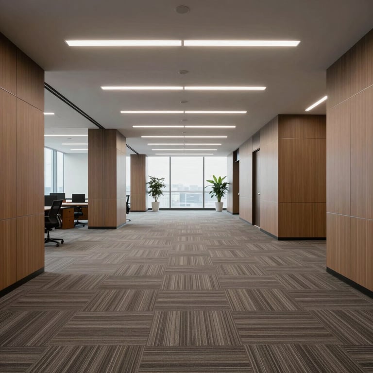 A commercial office lobby with perfectly maintained carpeted floors.