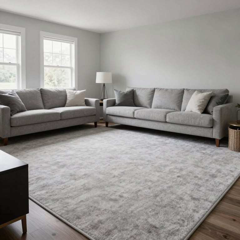 A pristine living room in Virginia with light gray carpet and modern furniture.