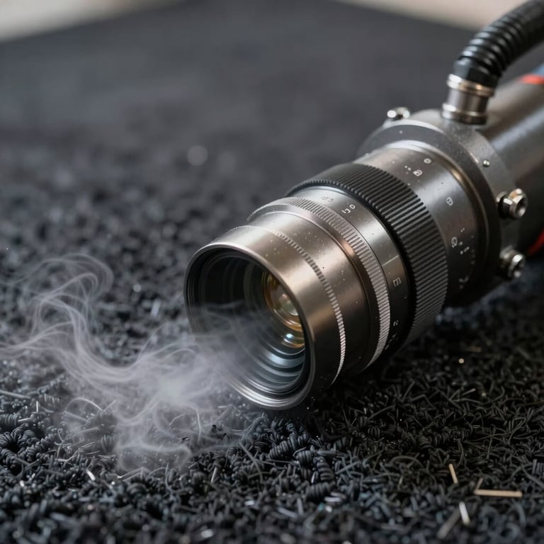 Close-up of a professional steam nozzle cleaning a dark fiber carpet.