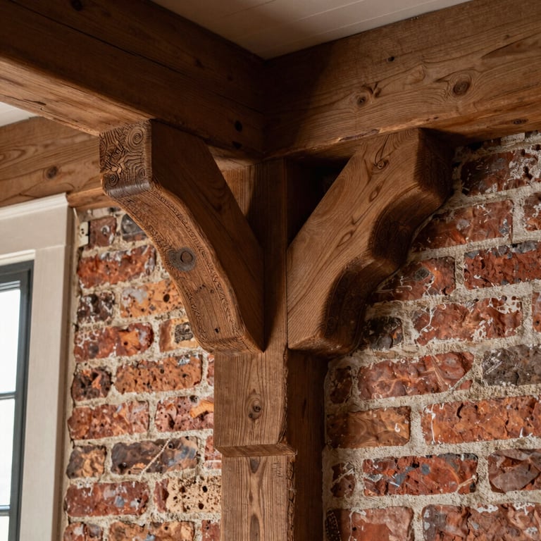 Close-up detail of hand-carved original timber beams and exposed brick wall inside a historic New England home, soft natural light highlighting wood grain and mortar texture.