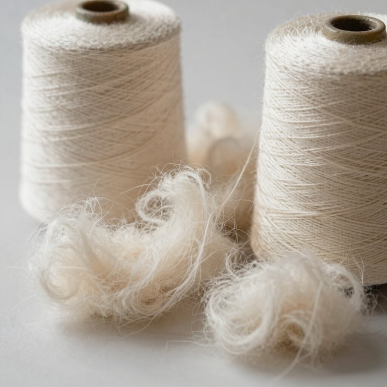 Artistic shot of raw textile fibers and a spool of thread, representing the journey from raw material to finished product.