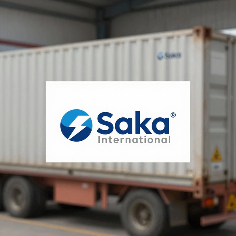 A blurred industrial background with a sharp focus on an export shipping label bearing the Saka International brand vibe.
