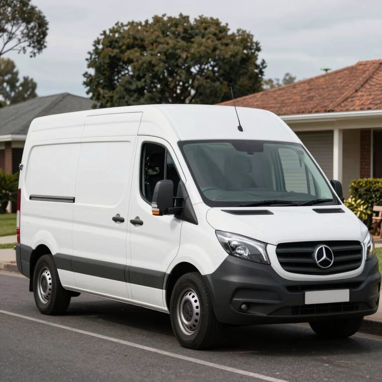 A professional Australian tradesperson's clean white van parked on a suburban street.