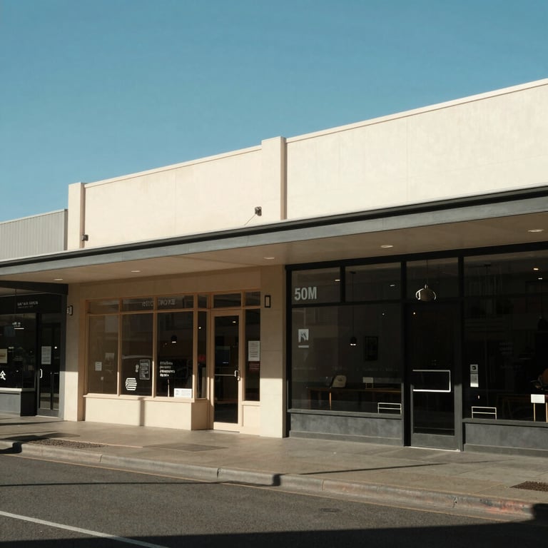 A sun-drenched street scene in Perth showing clean, modern local shop facades.