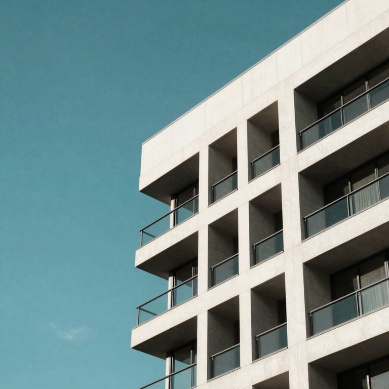 Clean architectural detail of a modern Perth building against a bright teal sky.