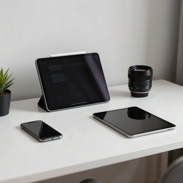 A minimalist Australian home office with a smartphone and tablet on a white desk.