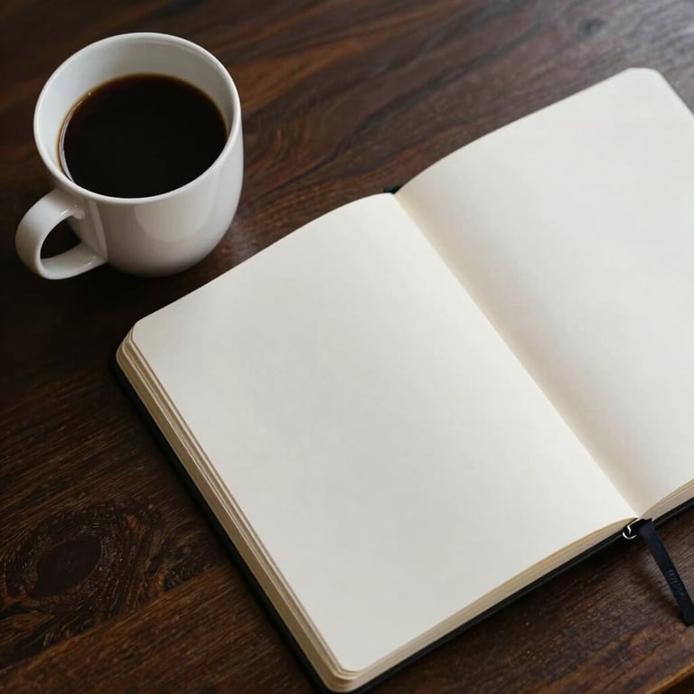 An overhead view of a tidy workspace featuring a coffee mug and a clean notebook.