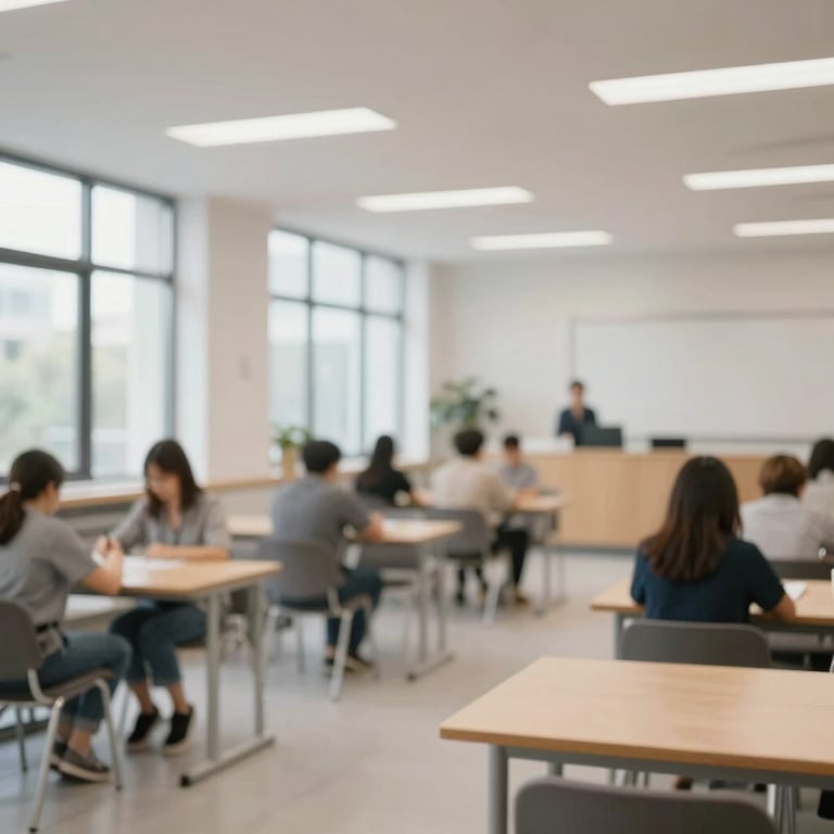 A professional, minimalist education center interior with large windows and clean lines, emphasizing character formation and focus.