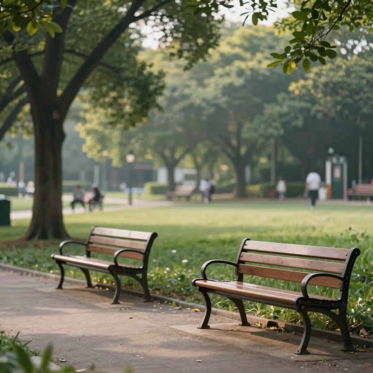A peaceful community park scene with wooden benches and lush greenery, shot in soft morning light to convey enduring trust and quiet strength.