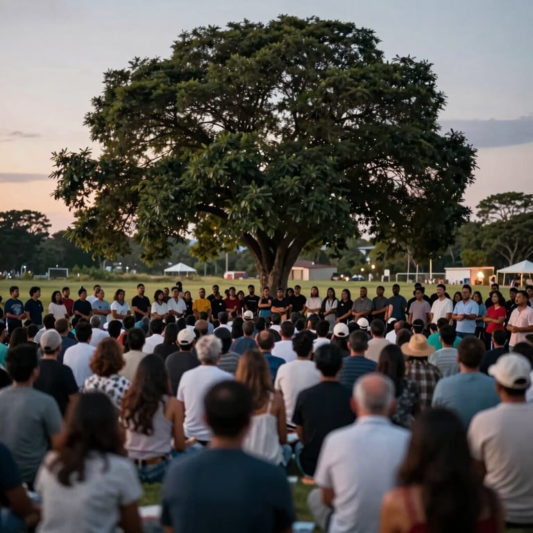 A wide shot of a community gathering under a large tree at dusk, with soft lighting creating a sense of belonging and unified strength.