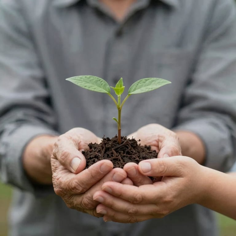 A close-up of an elderly hand and a child's hand holding a small, green plant together, representing intergenerational wisdom and growth, featuring #6B7F67.