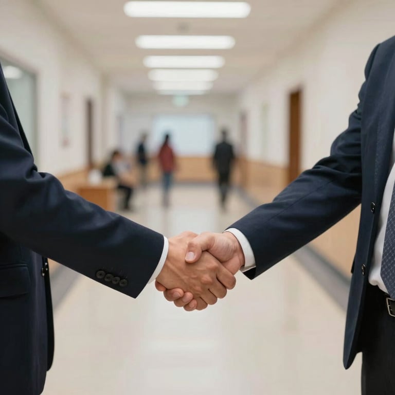 Two people shaking hands warmly in a community center hallway, reflecting purposeful partnerships and shared responsibility.