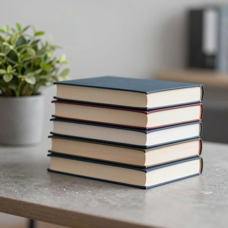 A stack of scholarly books next to a green plant on a stone desk, representing the foundation's commitment to holistic development and education.