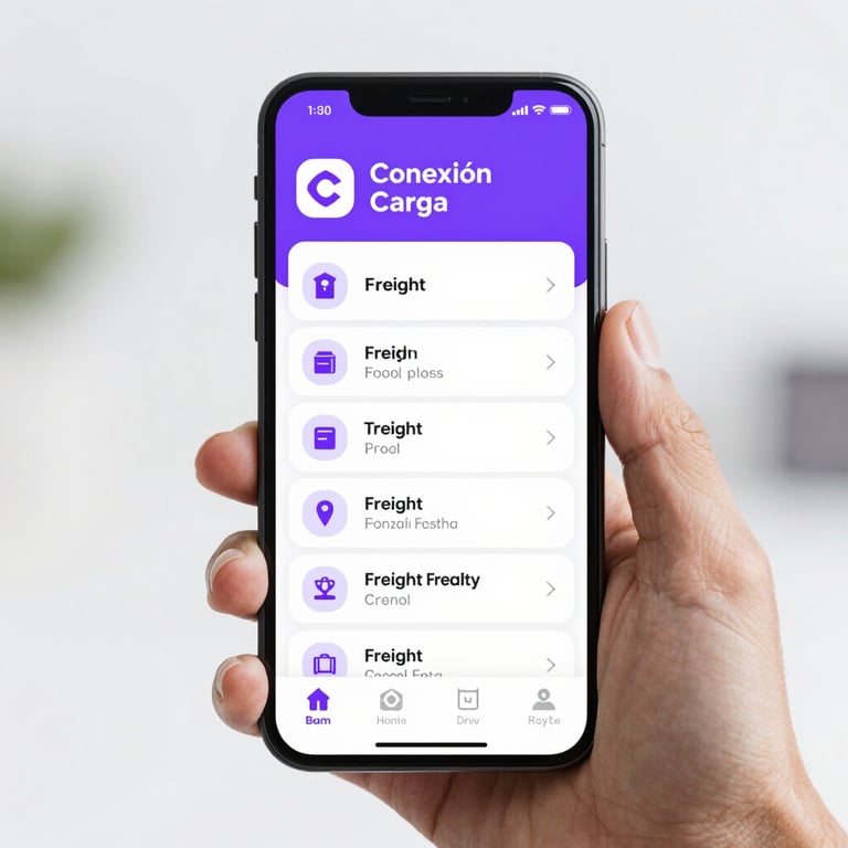 A close-up of a hand holding a phone with the Conexión Carga app open, showing a list of available freight. Modern, tech-focused, white and purple theme.