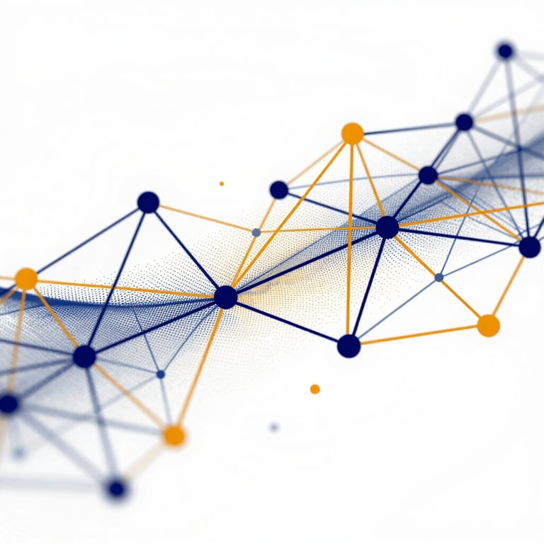 Abstract digital network visualization representing connectivity and logistics, using brand colors #300A60 and #FF8E00.