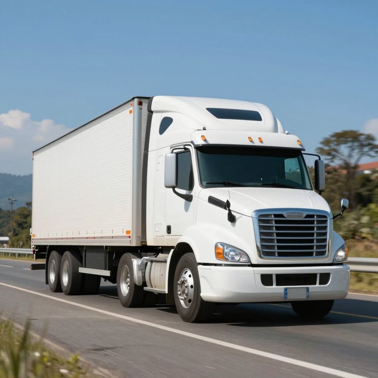 A white modern semi-truck driving on a scenic Colombian highway under a clear blue sky. Professional and high-quality commercial photography.