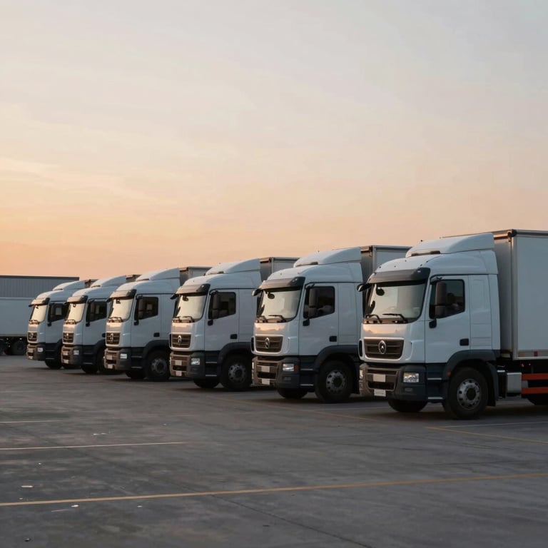 A fleet of modern cargo trucks parked in a clean, organized logistics hub during sunset. Minimalist and powerful composition.