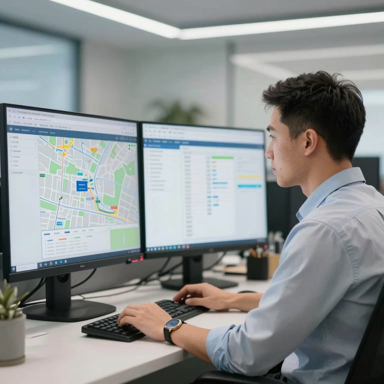 A logistic dispatcher in a clean, modern office looking at multiple screens with tracking maps. High-tech, professional atmosphere.