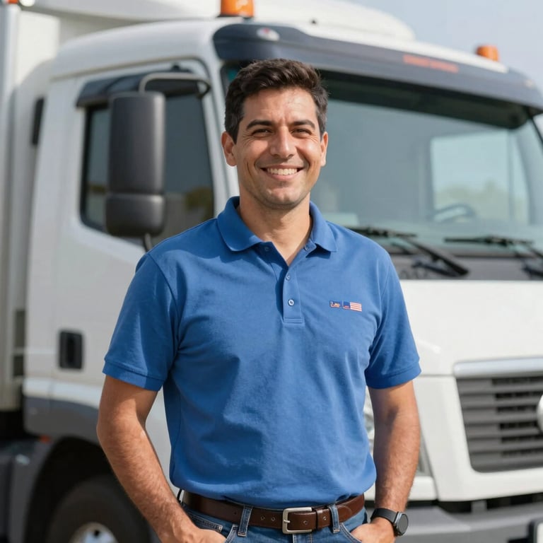 A smiling Colombian truck driver standing next to his vehicle, looking confident and professional. Soft sunlight, modern style.