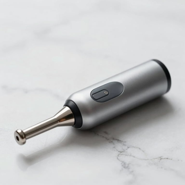 A sleek, ergonomic treatment handpiece resting on a white marble surface under soft studio lighting.