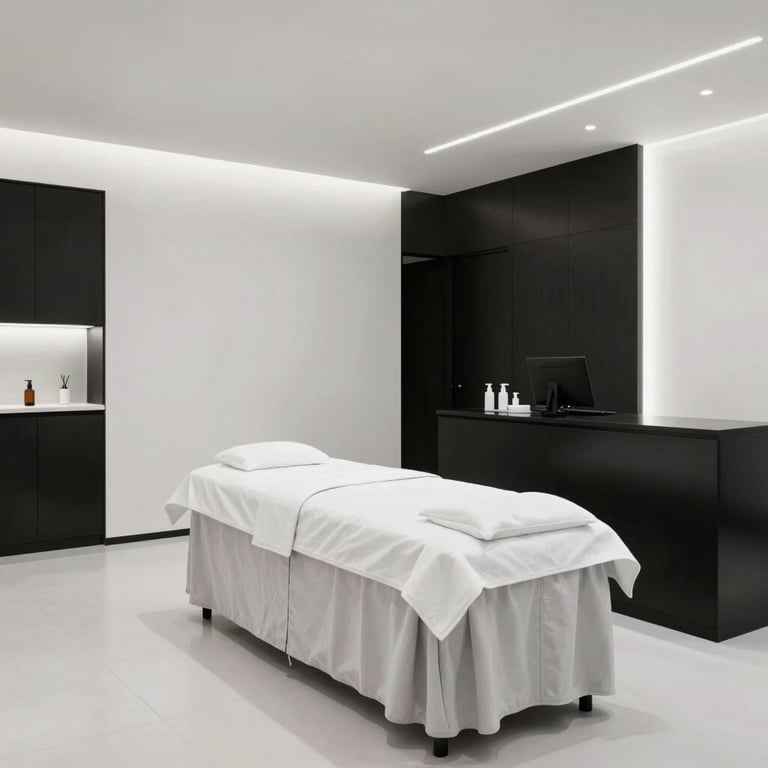 Elegant reception area of a top-tier beauty clinic with minimalist black and white decor.