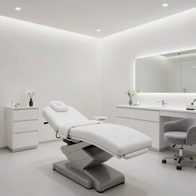 A bright, luxurious clinic interior in Erfurt, showing minimalist white treatment rooms and elegant grey furniture.