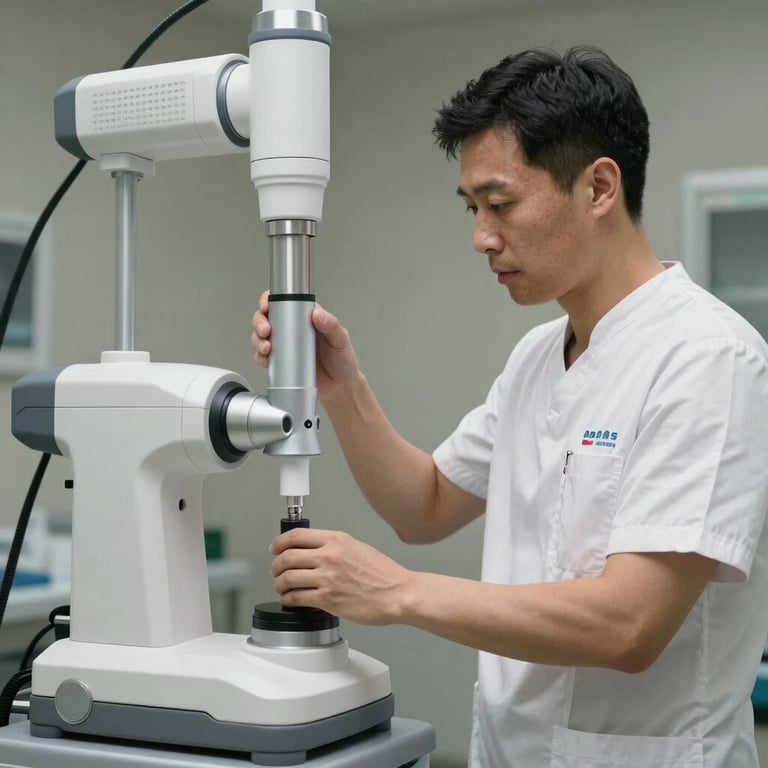 A professional in a high-end white medical uniform adjusting a sophisticated laser device in a sterile setting.