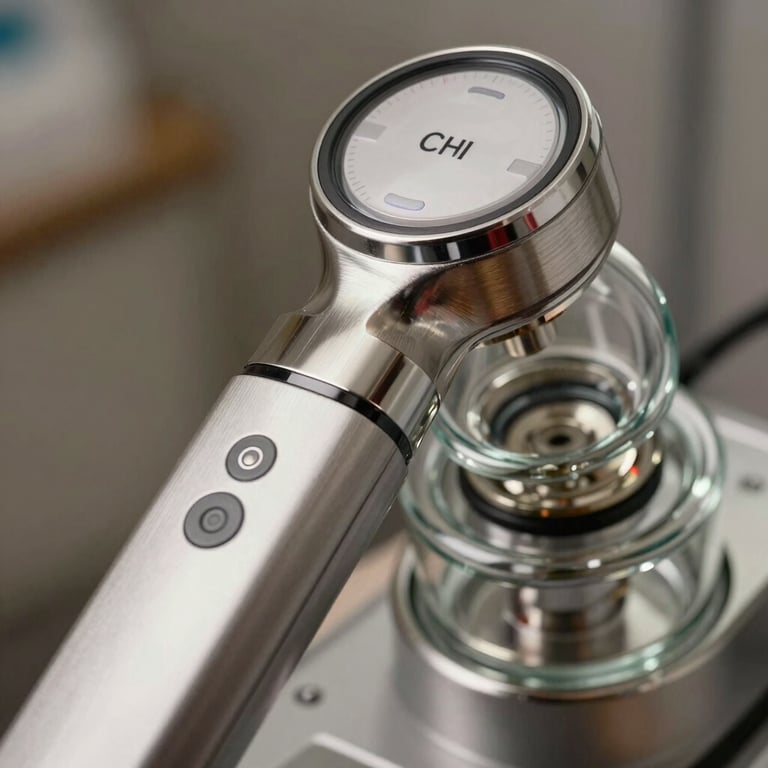 Artistic close-up of brushed metal and glass components of a German-engineered beauty system.