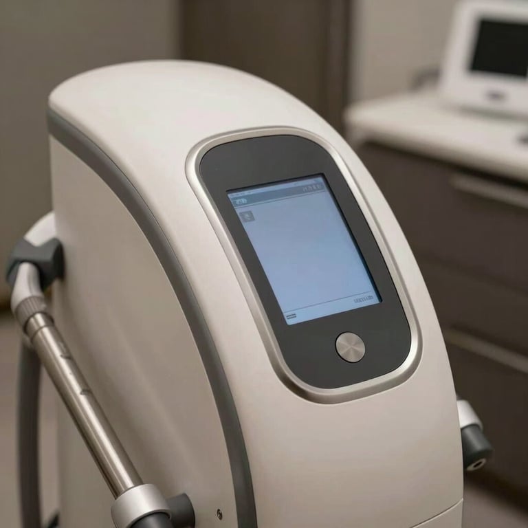 Macro shot of a high-precision laser lens for skin treatment, reflecting soft light, minimalist dark charcoal background.
