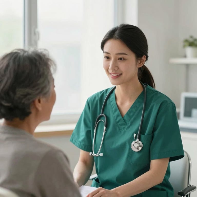 An environmental portrait of a female nurse in green scrubs speaking warmly with an elderly patient in a bright, naturally lit clinic room, soft overcast light